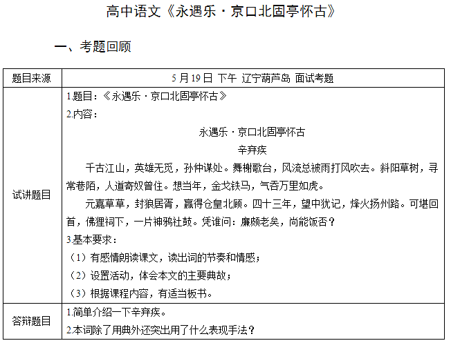 2018上半年小學語文教師資格面試真題：永遇樂·京口北固亭懷古考題回顧